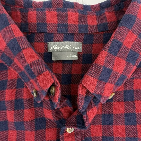 Eddie Bauer XL Buffalo Plaid Flannel Shirt Red Blue 100% Cotton Button Down - Picture 7 of 8